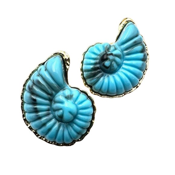Womens Earrings Pierced Blue Sea Shell Gold Tone Chandelier - Picture 1 of 4